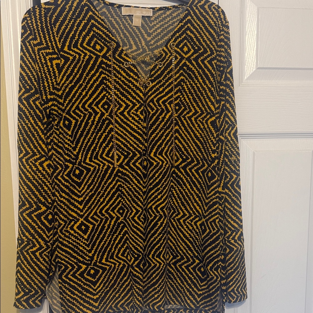 Michael Kors Black and Gold Zigzag Top